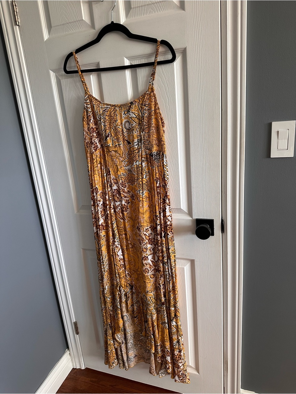 Free People “Forever Yours” Smocked Slip in Gold Combo